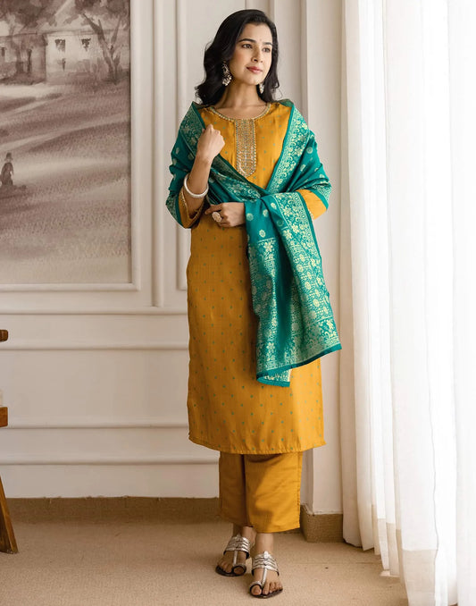 Yellow Silk Embroidered Straight Kurta Set with Pant & Dupatta. is perfect for weddings, festive occasions