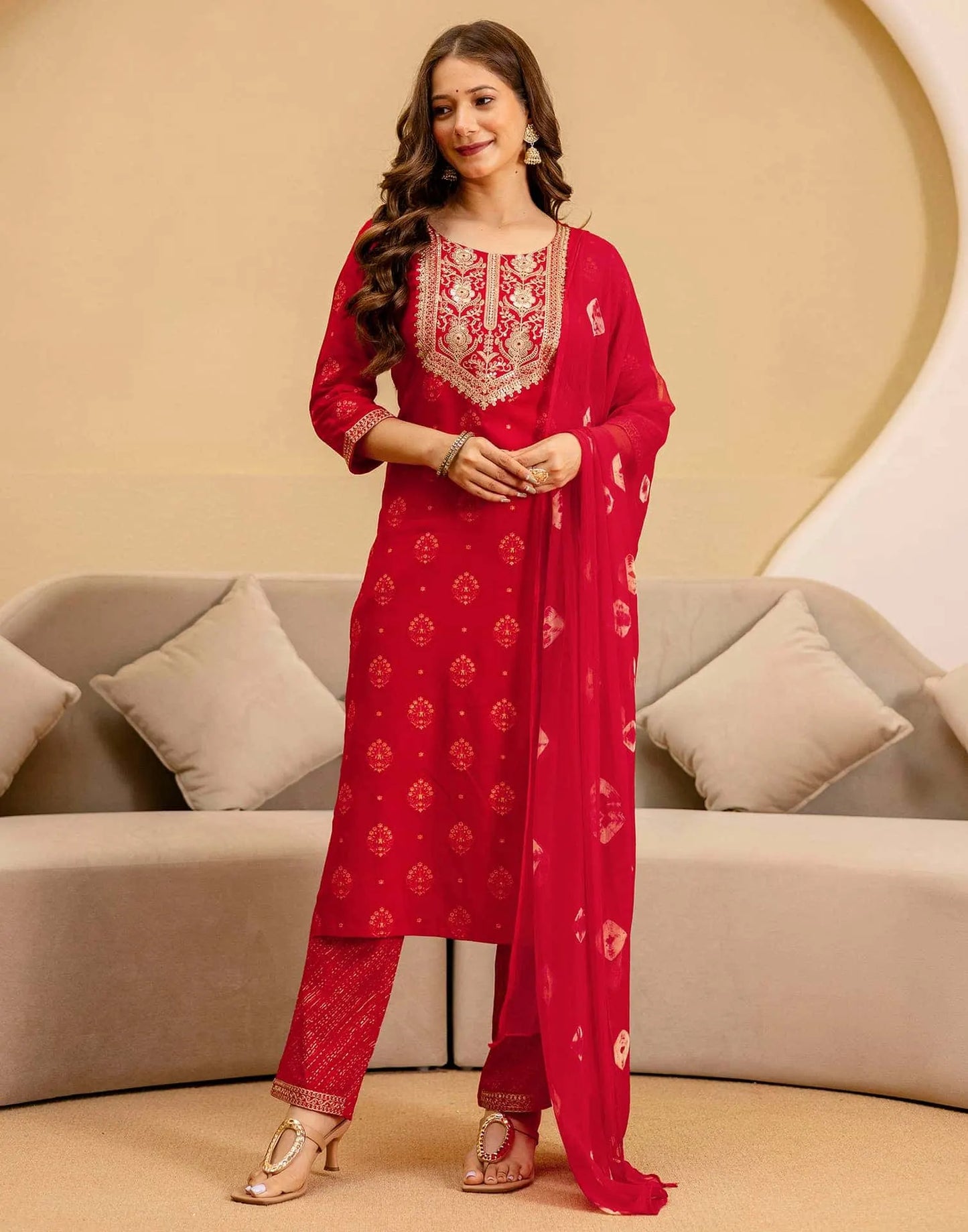 Cotton Embroidered Straight Kurta with Pant & Dupatta