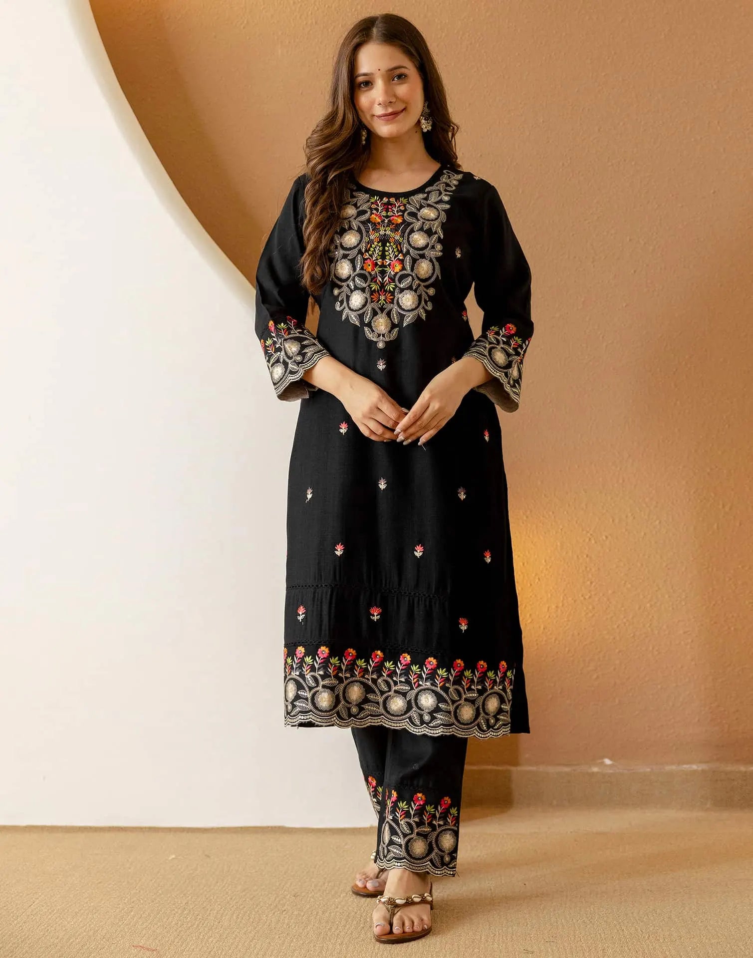 Black Silk Embroidered Straight Kurta Set with Pant & Dupatta under 1299 