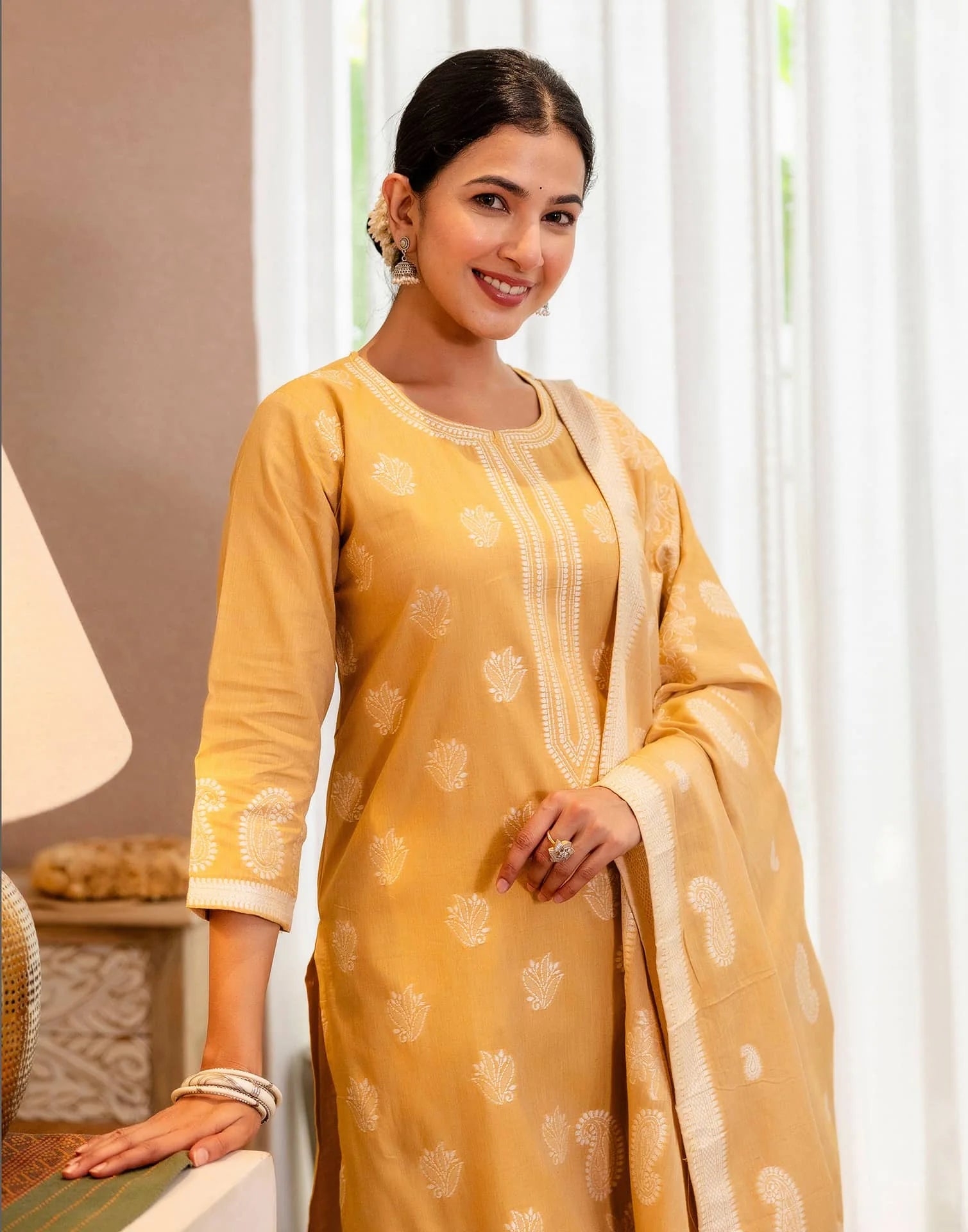 Yellow Cotton Woven Straight Kurta Set with Pant & Dupatta under 1250