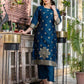 Affordable Silk Blend Kurta Set for Women in Blue Weaving Straight Kurta with Pant & Dupatta