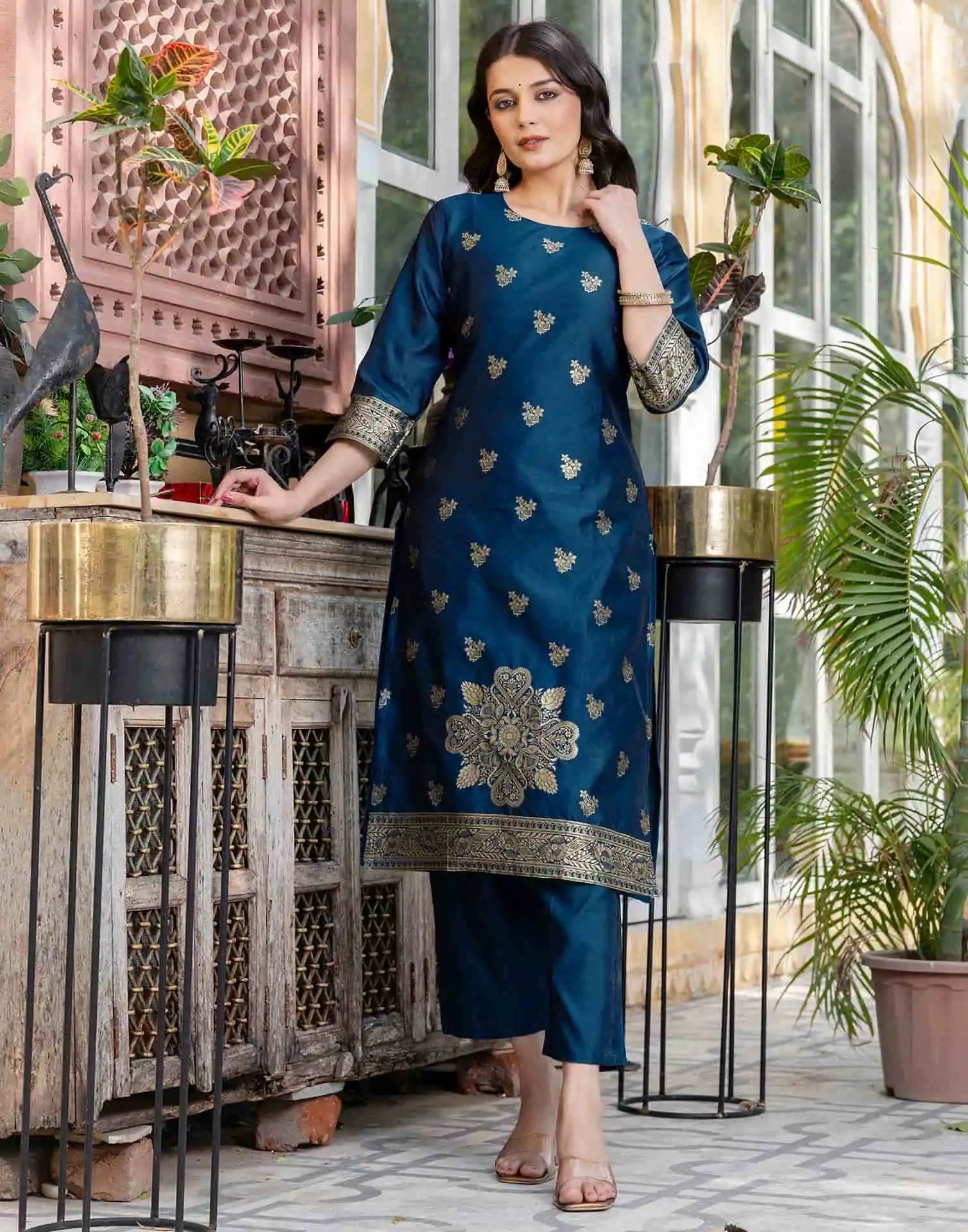 Affordable Silk Blend Kurta Set for Women in Blue Weaving Straight Kurta with Pant & Dupatta