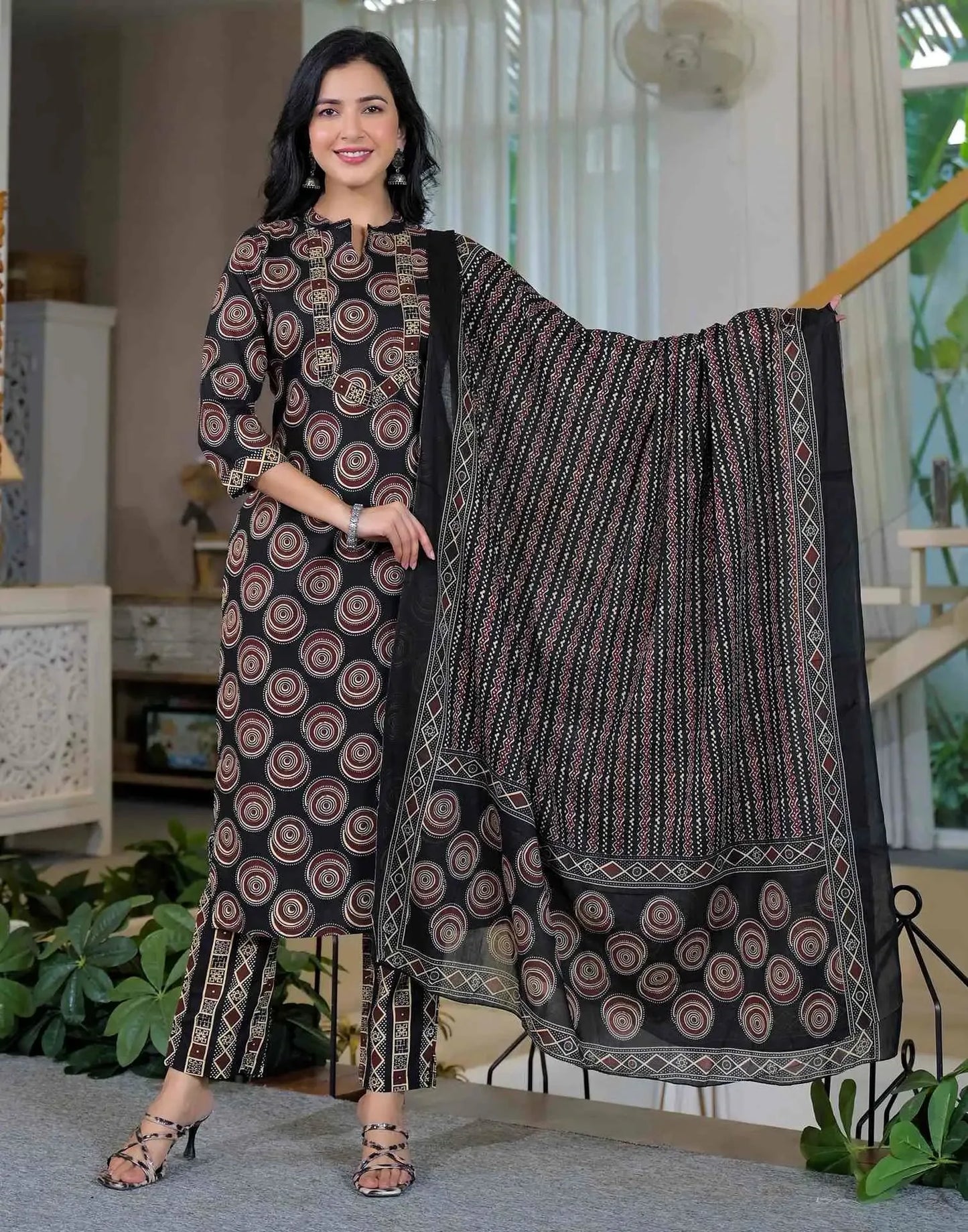 Cotton Printed Straight Mandarin Collar Kurta with Pant & Dupatta