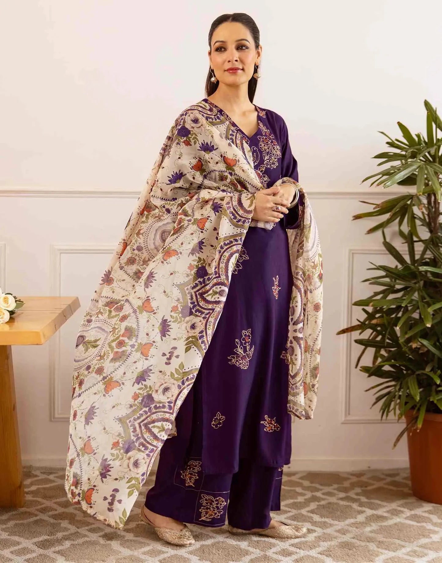 Cotton Embroidered Straight V-Neck Kurta with Pant & Dupatta