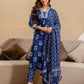 Dark Blue Cotton Printed Straight Kurta with Pant & Dupatta for Women