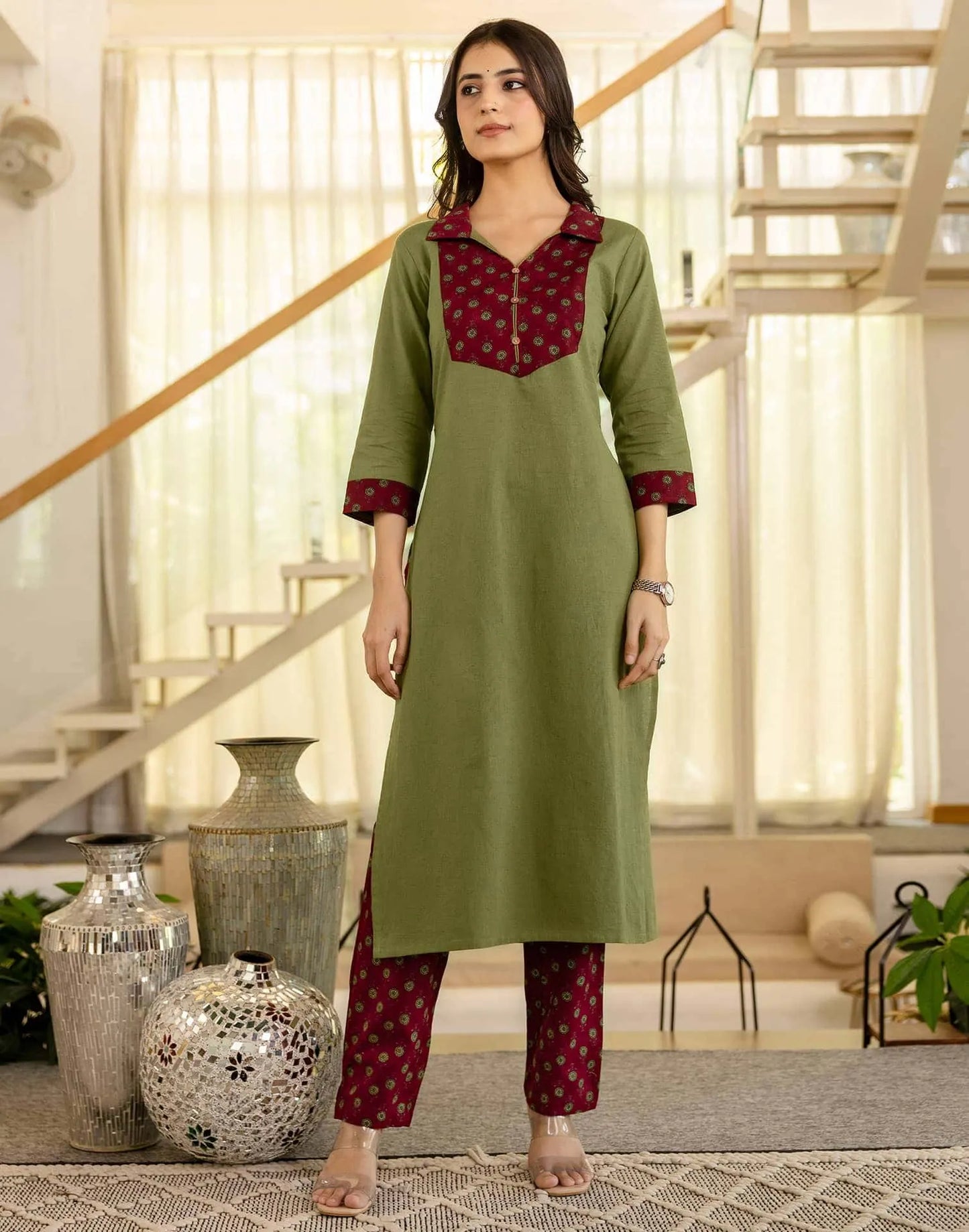 Cotton Dyed, Printed Fabric Lace Straight Kurta with Pant & Dupatta