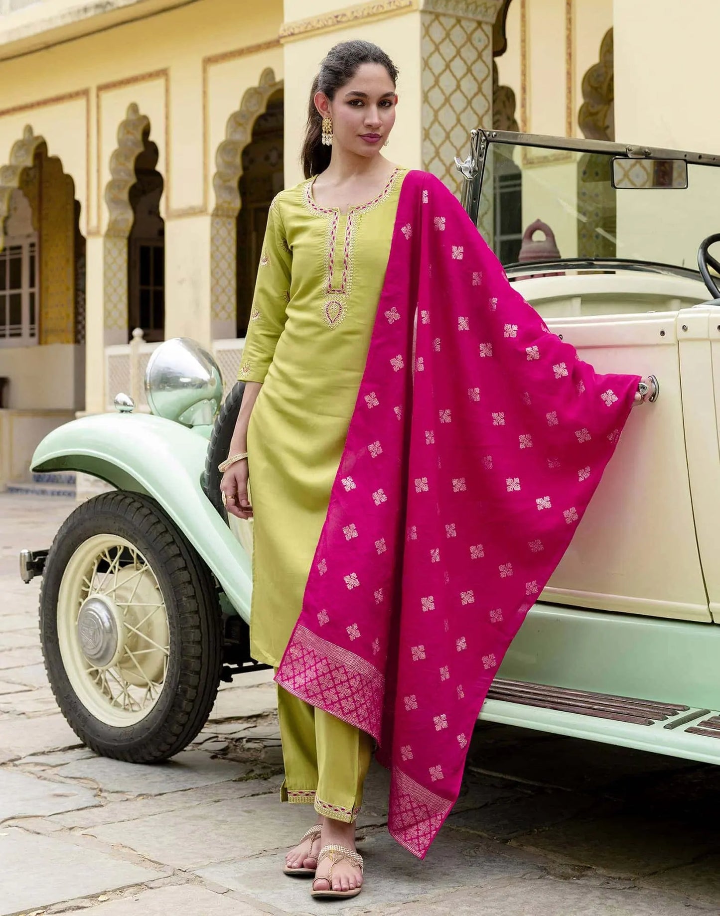Silk Embroidery and Sequins Work Straight Kurta with Pant & Dupatta