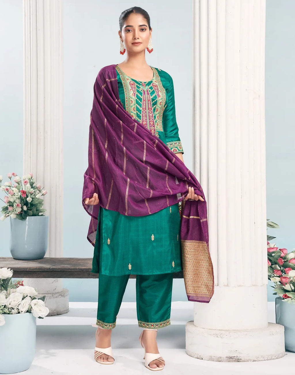 Silk Blend Embroidered Straight 3 Piece Kurta Set
