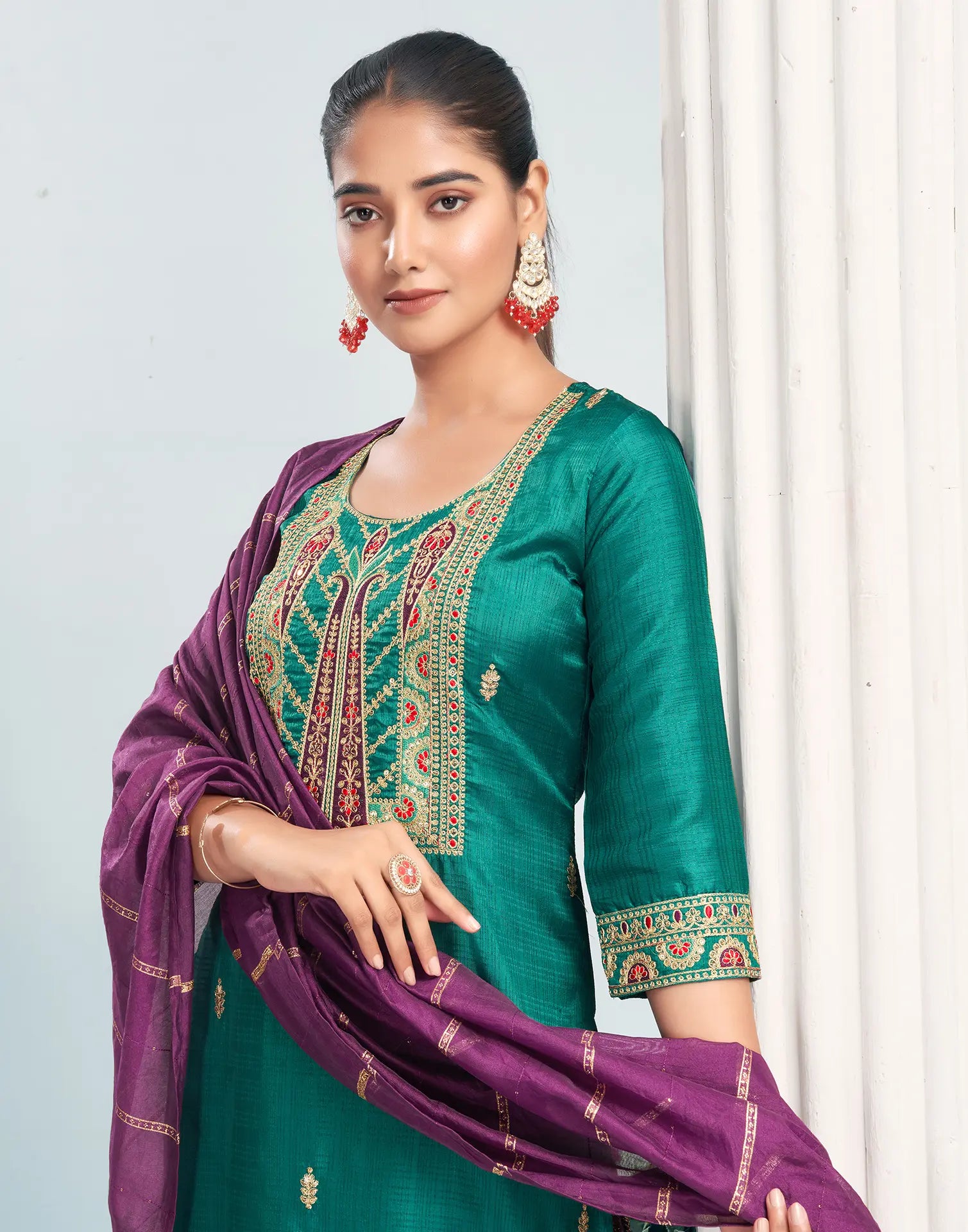 Silk Blend Embroidered Straight 3 Piece Kurta Set