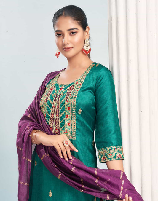 Silk Blend Embroidered Straight Kurta with Pant & Dupatta