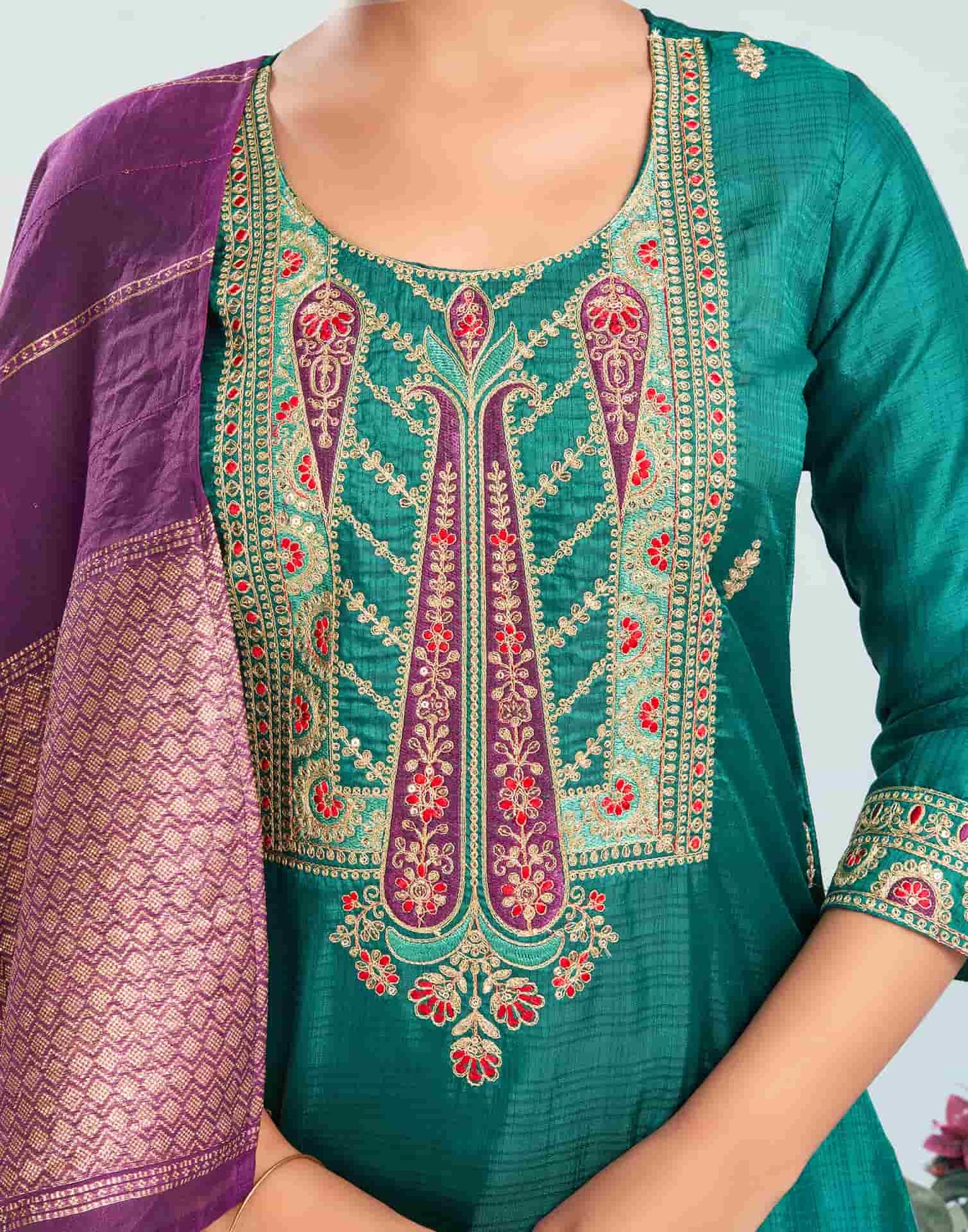 Silk Blend Embroidered Straight Kurta with Pant & Dupatta