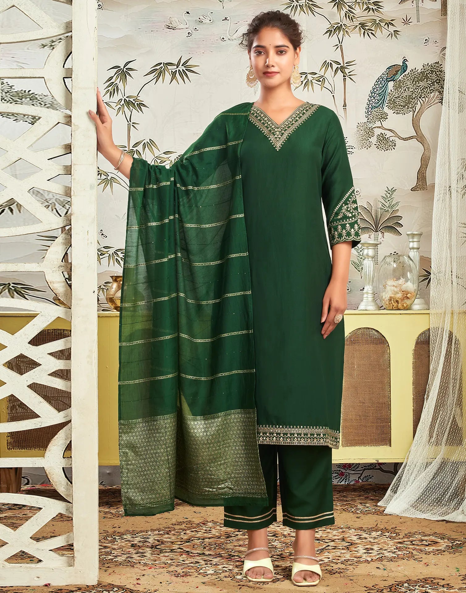 Poly Chinnon Embroidered Straight 3 Piece Kurta Set