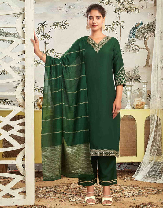 Silk Blend Embroidered Straight Kurta with Pant & Dupatta