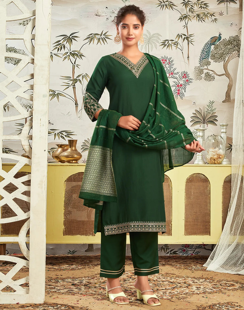 Poly Chinnon Embroidered Straight 3 Piece Kurta Set
