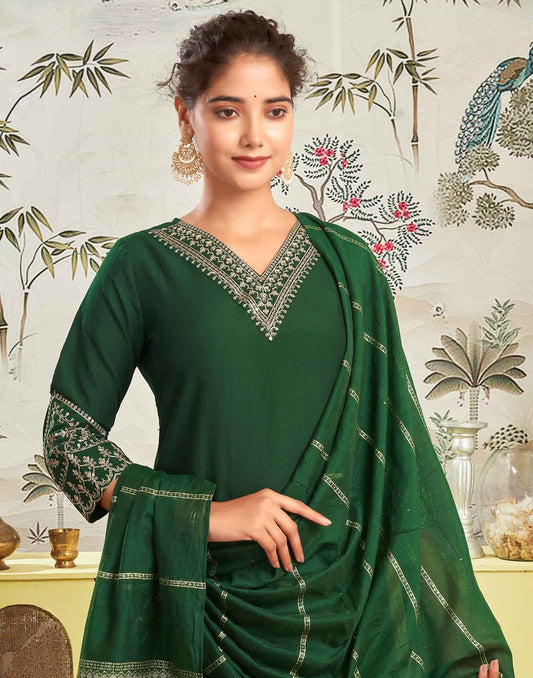 Silk Blend Embroidered Straight Kurta with Pant & Dupatta
