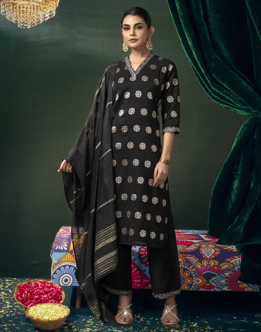 Silk Blend Embroidered Straight Kurta with Pant & Dupatta