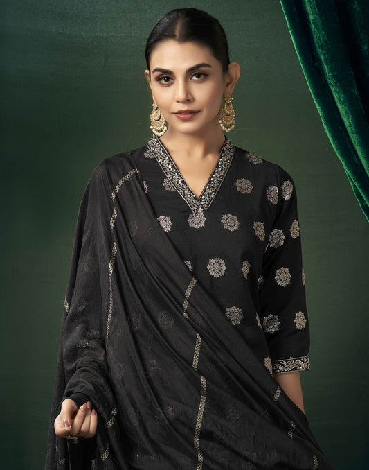 Silk Blend Embroidered Straight Kurta with Pant & Dupatta