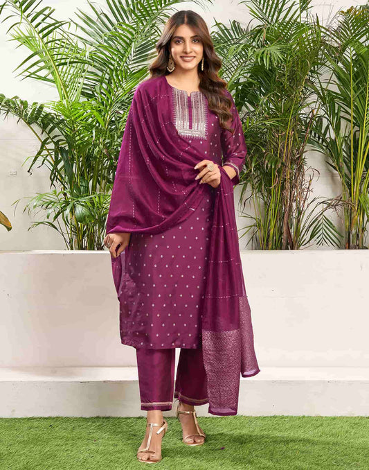 Silk Blend Dyed, Sequence and Embroidery Work, Jacquard and Lace Straight Kurta with Pant & Dupatta