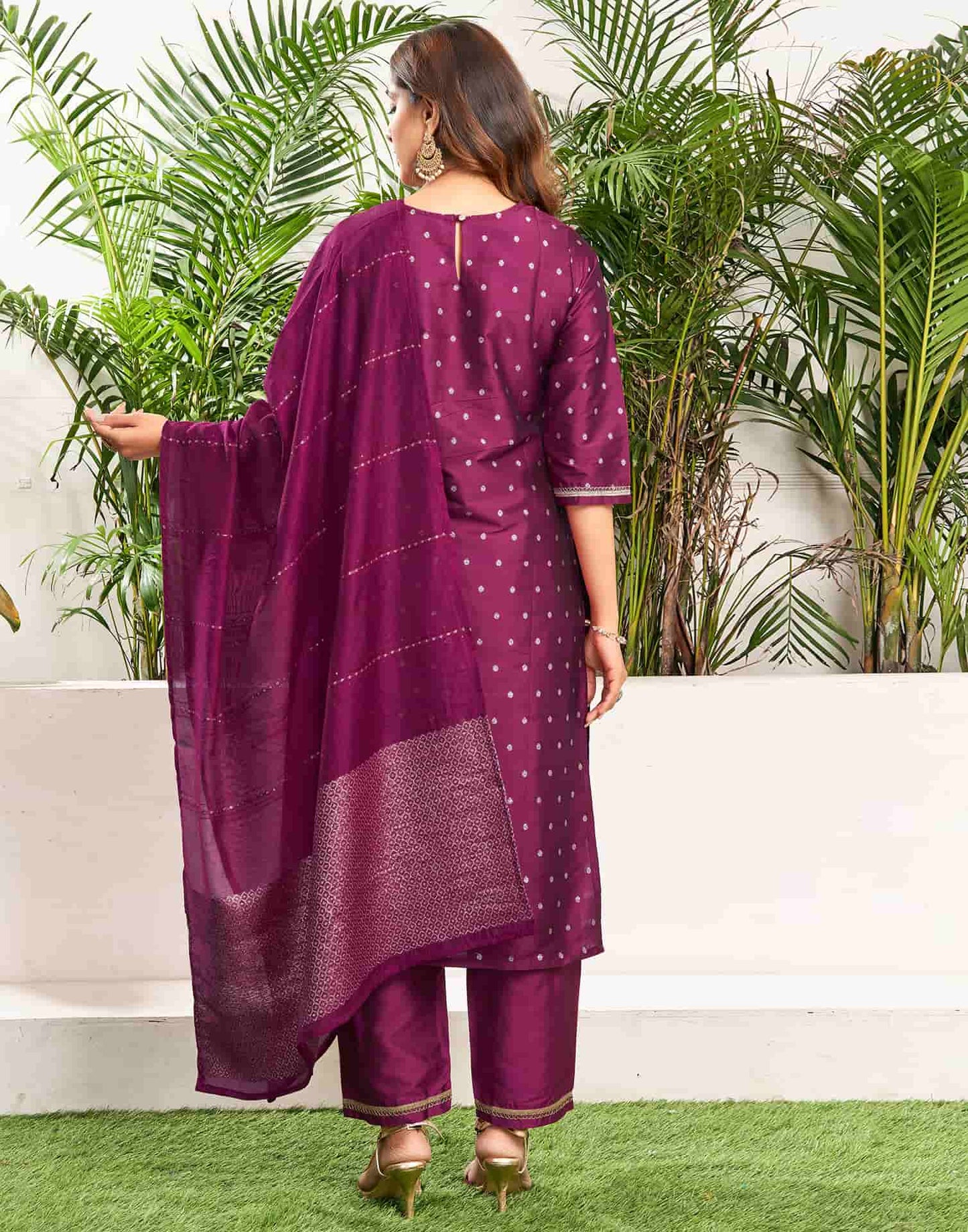 Silk Blend Dyed, Sequence and Embroidery Work, Jacquard and Lace Straight Kurta with Pant & Dupatta