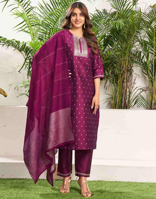Silk Blend Dyed, Sequence and Embroidery Work, Jacquard and Lace Straight Kurta with Pant & Dupatta