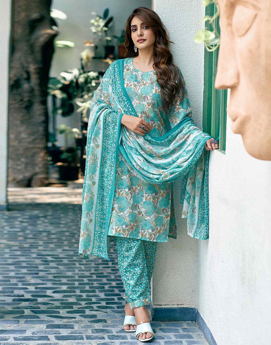 Cotton Blend Foil Printed and Printed Fabric Lace Straight Kurta with Pant & Dupatta
