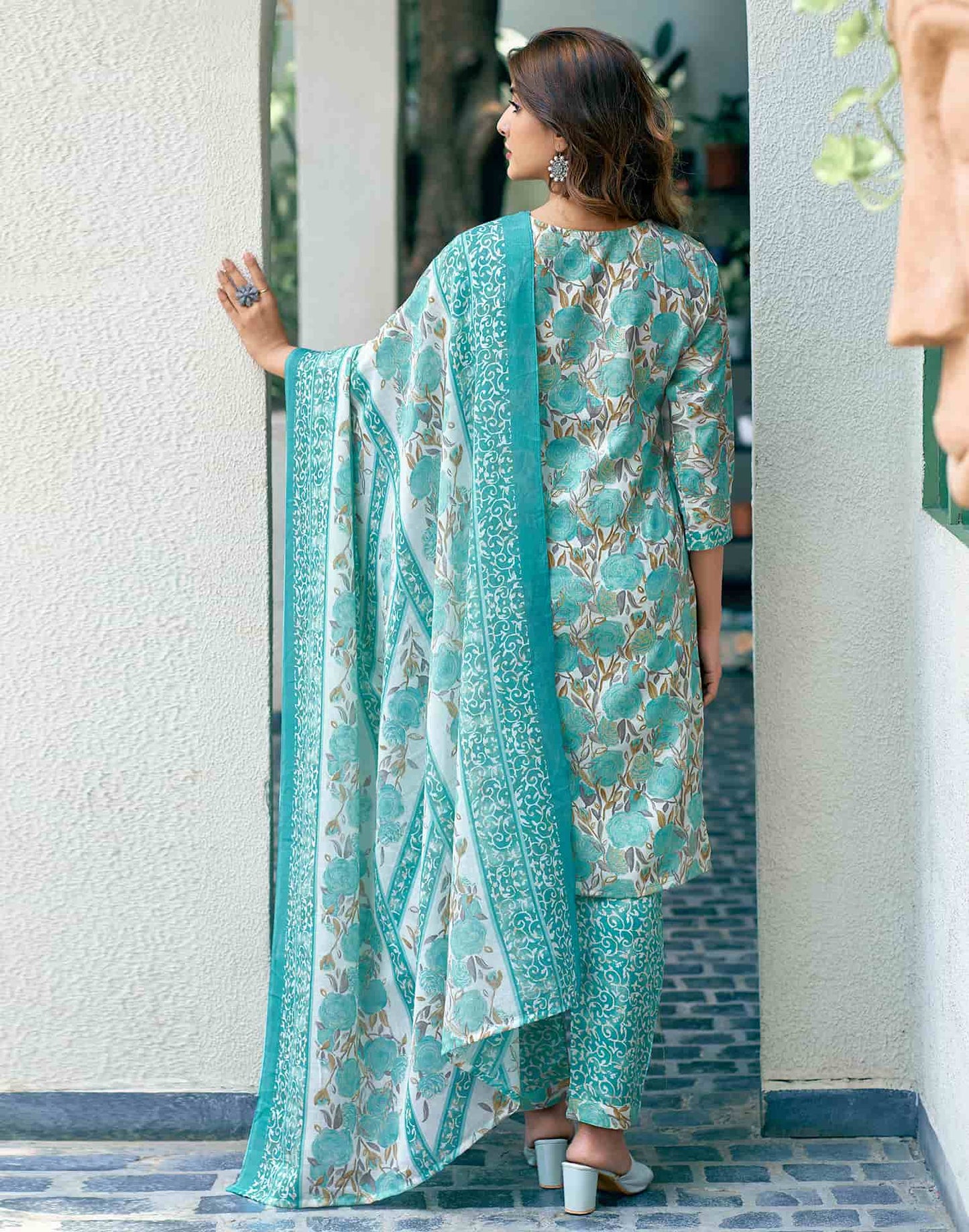 Cotton Blend Foil Printed and Printed Fabric Lace Straight Kurta with Pant & Dupatta