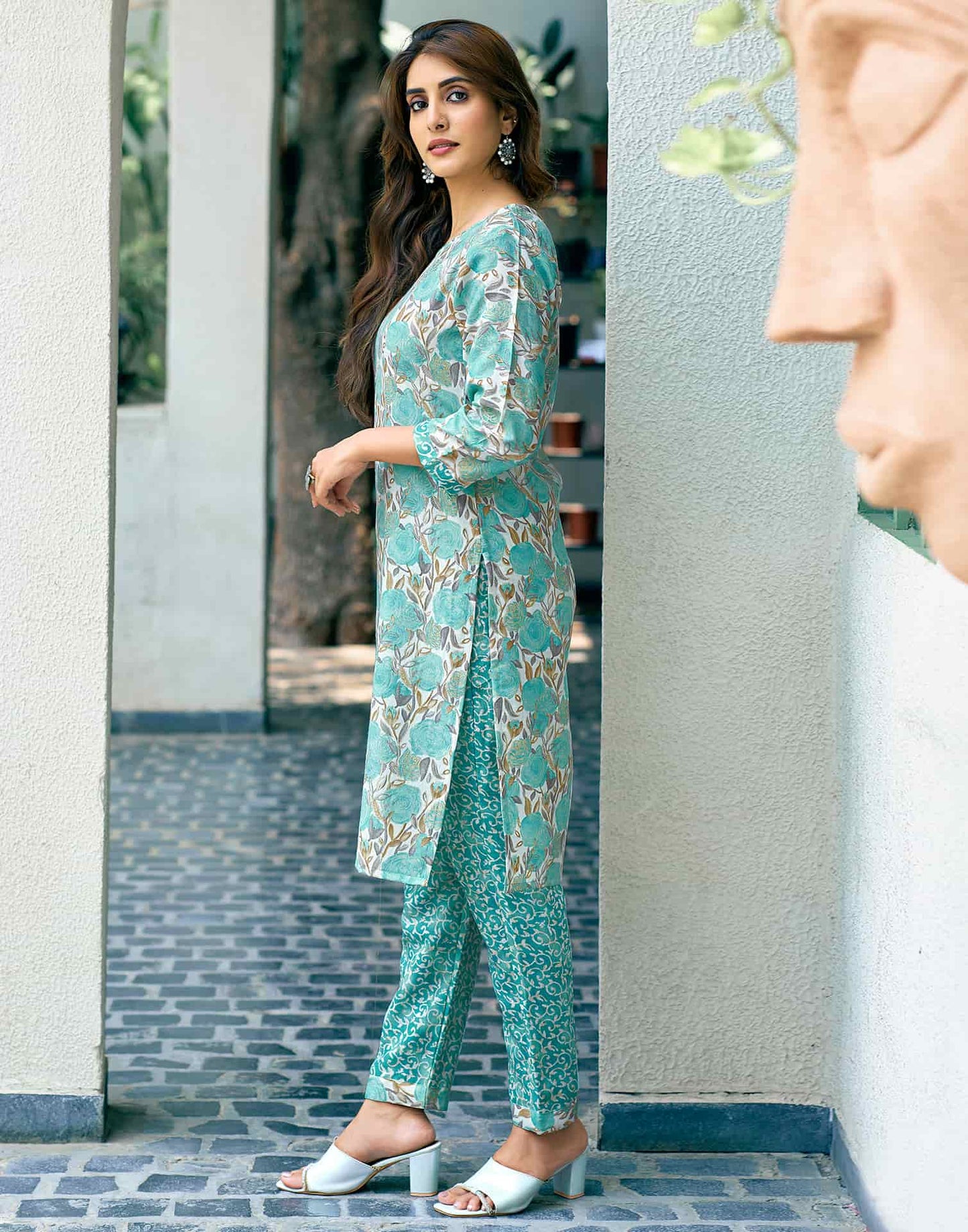 Cotton Blend Foil Printed and Printed Fabric Lace Straight Kurta with Pant & Dupatta