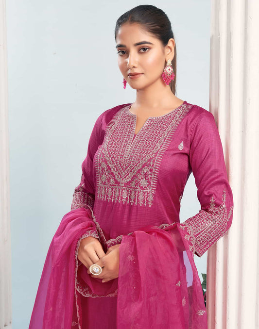 Silk Blend Embroidered Straight Kurta with Pant & Dupatta