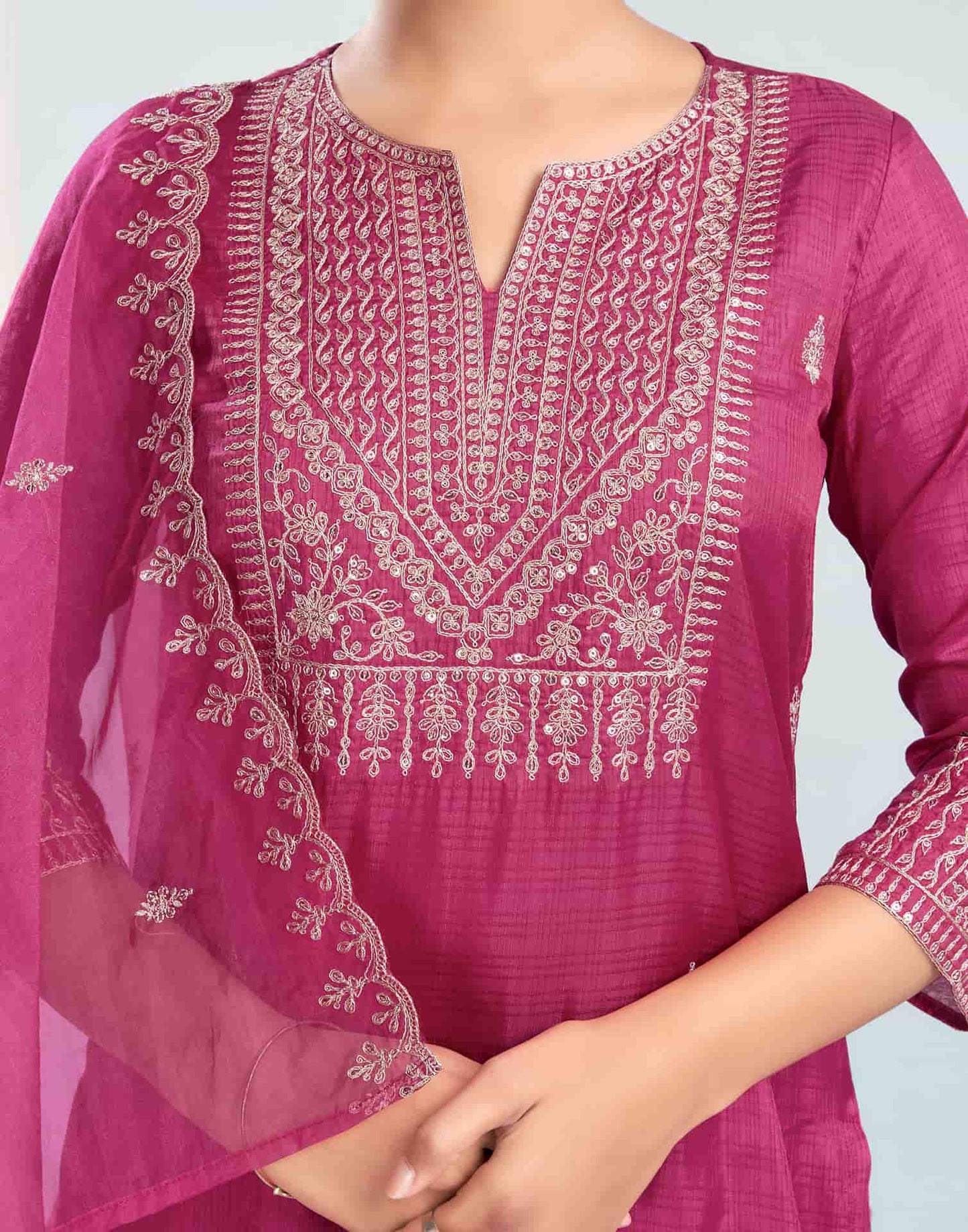 Silk Blend Embroidered Straight Kurta with Pant & Dupatta