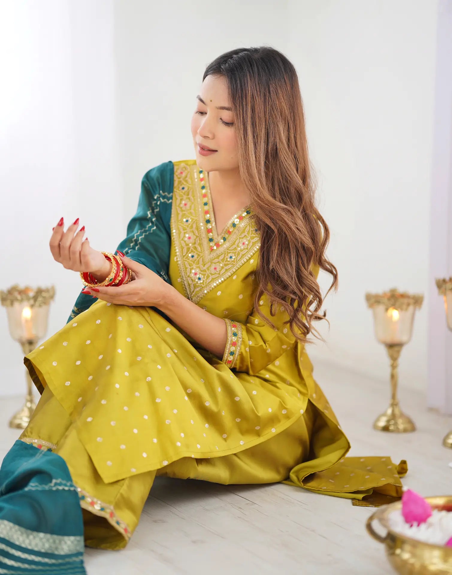 Mustard Green Silk Plain V Neck 3/4 Sleeve Straight Kurta Set With Pant & Dupatta