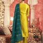 Mustard Green Silk Plain V Neck 3/4 Sleeve Straight Kurta Set With Pant & Dupatta