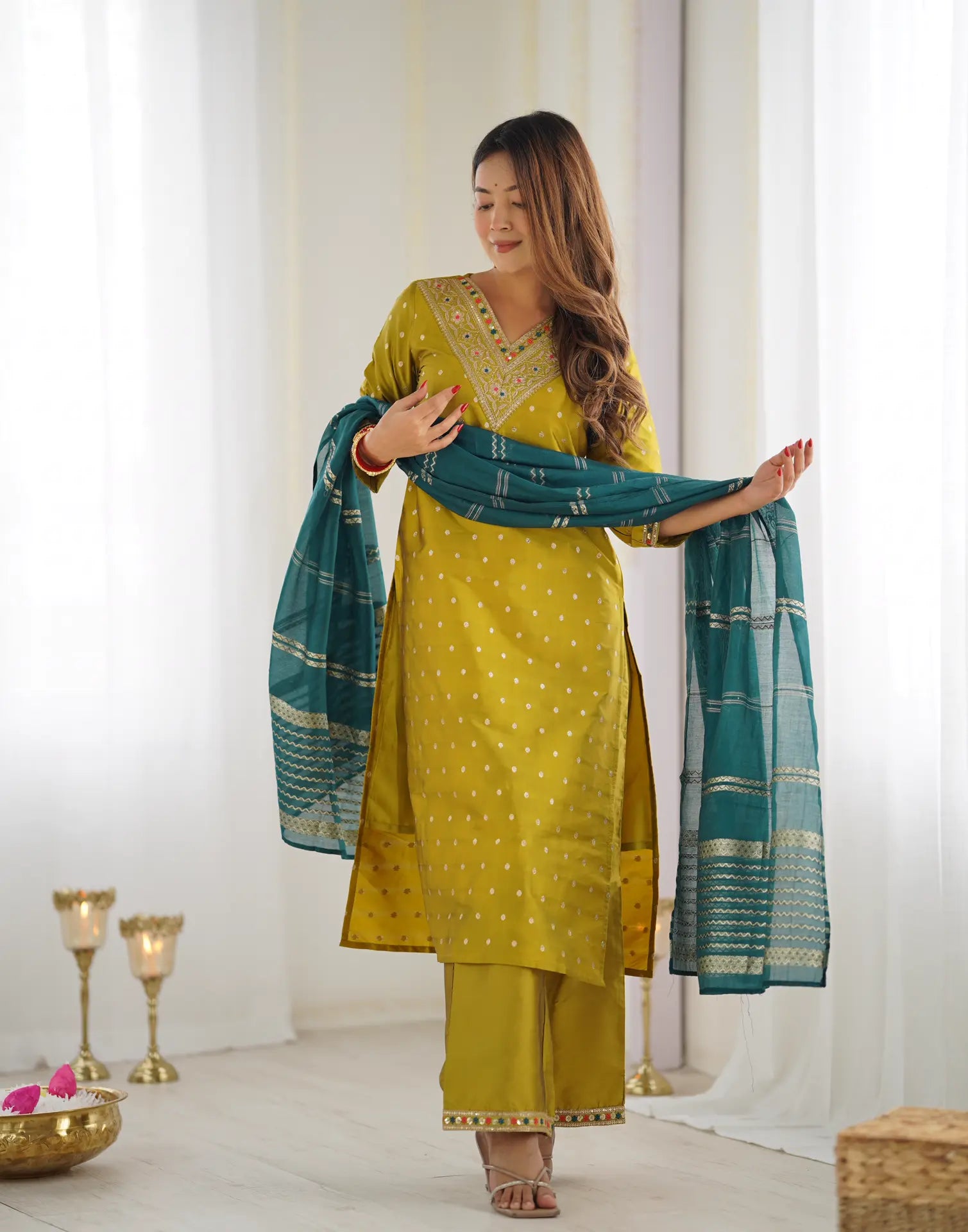 Mustard Green Silk Plain V Neck 3/4 Sleeve Straight Kurta Set With Pant & Dupatta