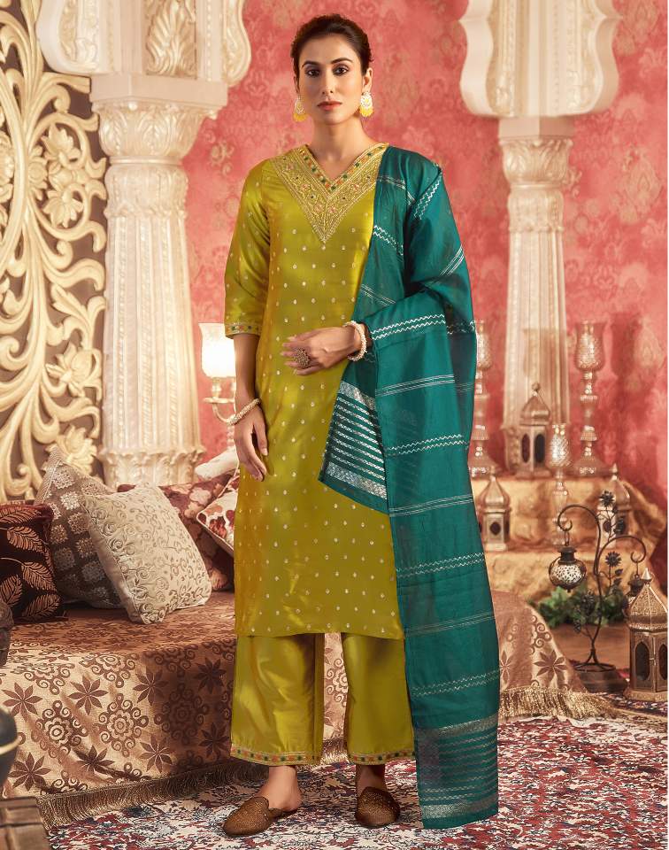 Mustard Green Silk Plain V Neck 3/4 Sleeve Straight Kurta Set With Pant & Dupatta