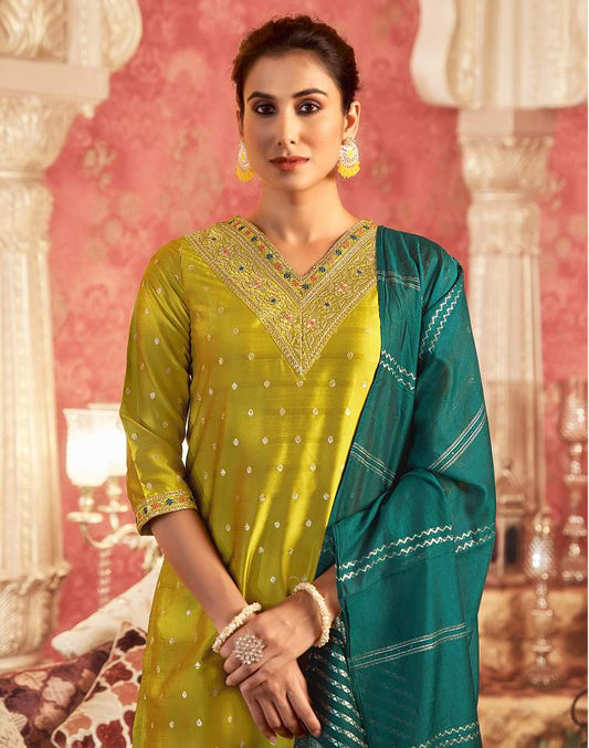 Mustard Green Silk Plain V Neck 3/4 Sleeve Straight Kurta Set With Pant & Dupatta