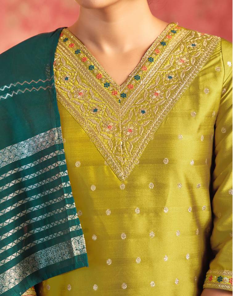 Mustard Green Silk Plain V Neck 3/4 Sleeve Straight Kurta Set With Pant & Dupatta