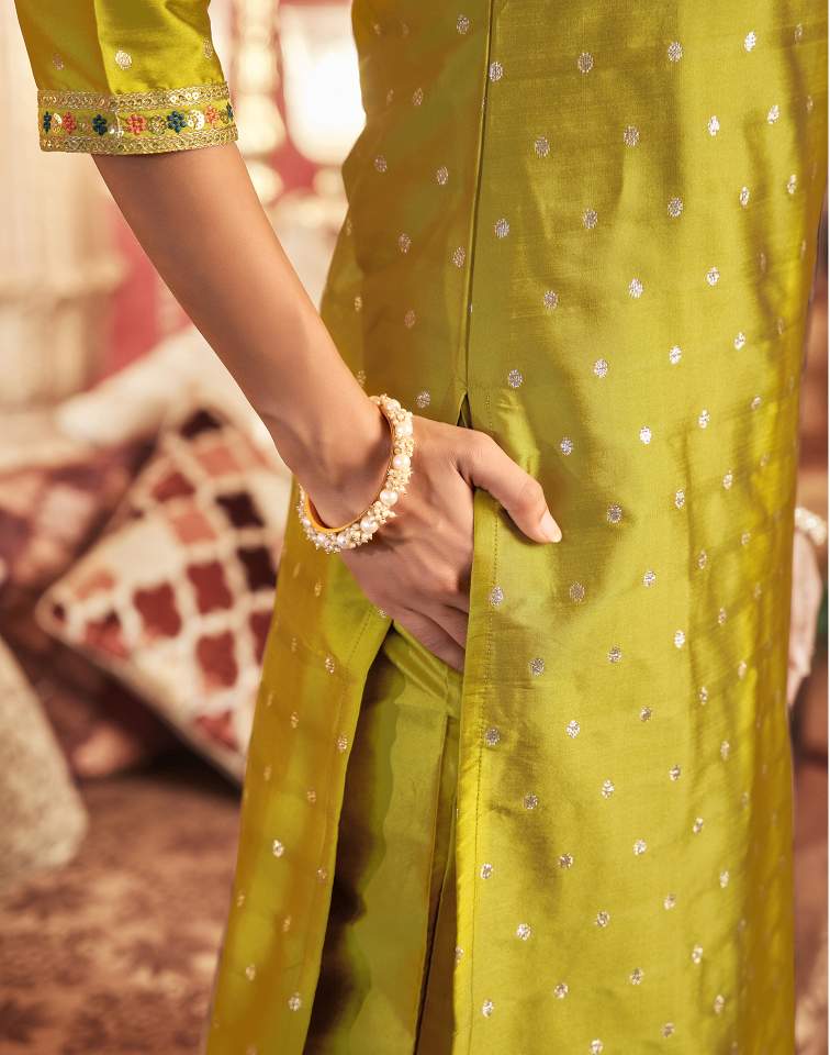 Mustard Green Silk Plain V Neck 3/4 Sleeve Straight Kurta Set With Pant & Dupatta