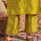 Mustard Green Silk Plain V Neck 3/4 Sleeve Straight Kurta Set With Pant & Dupatta