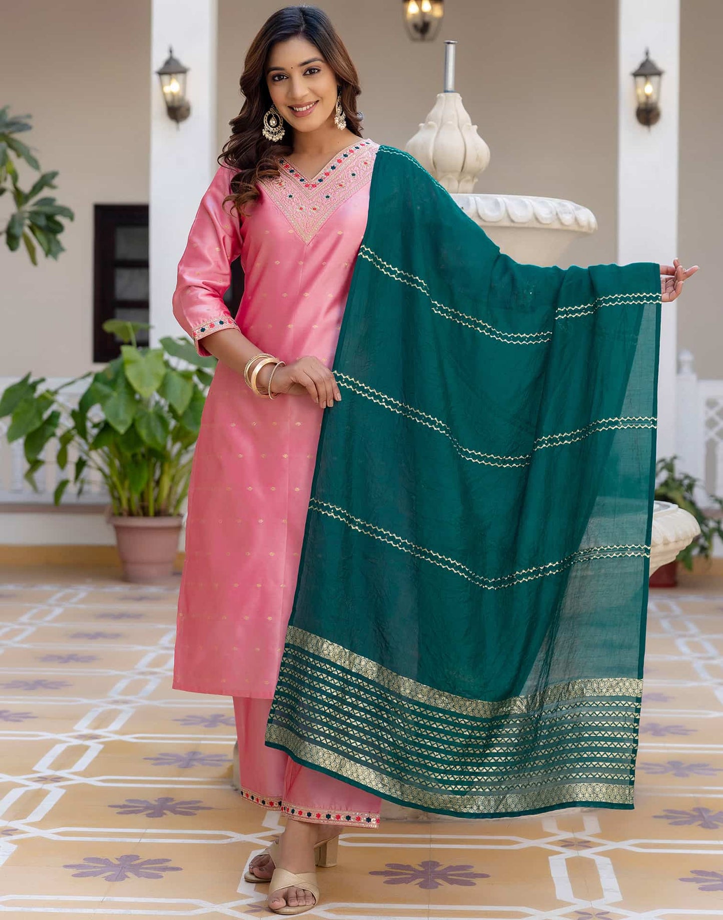 Silk Blend Embroidery and Sequins Work, Weaving, Lace Straight Kurta with Pant & Dupatta