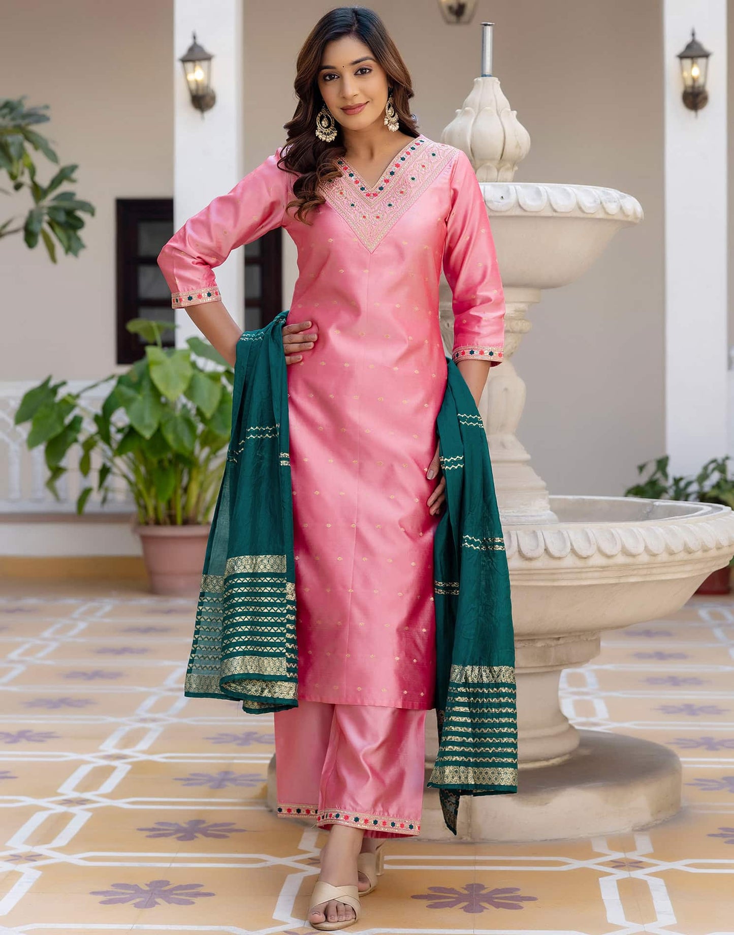 Silk Blend Embroidery and Sequins Work, Weaving, Lace Straight Kurta with Pant & Dupatta