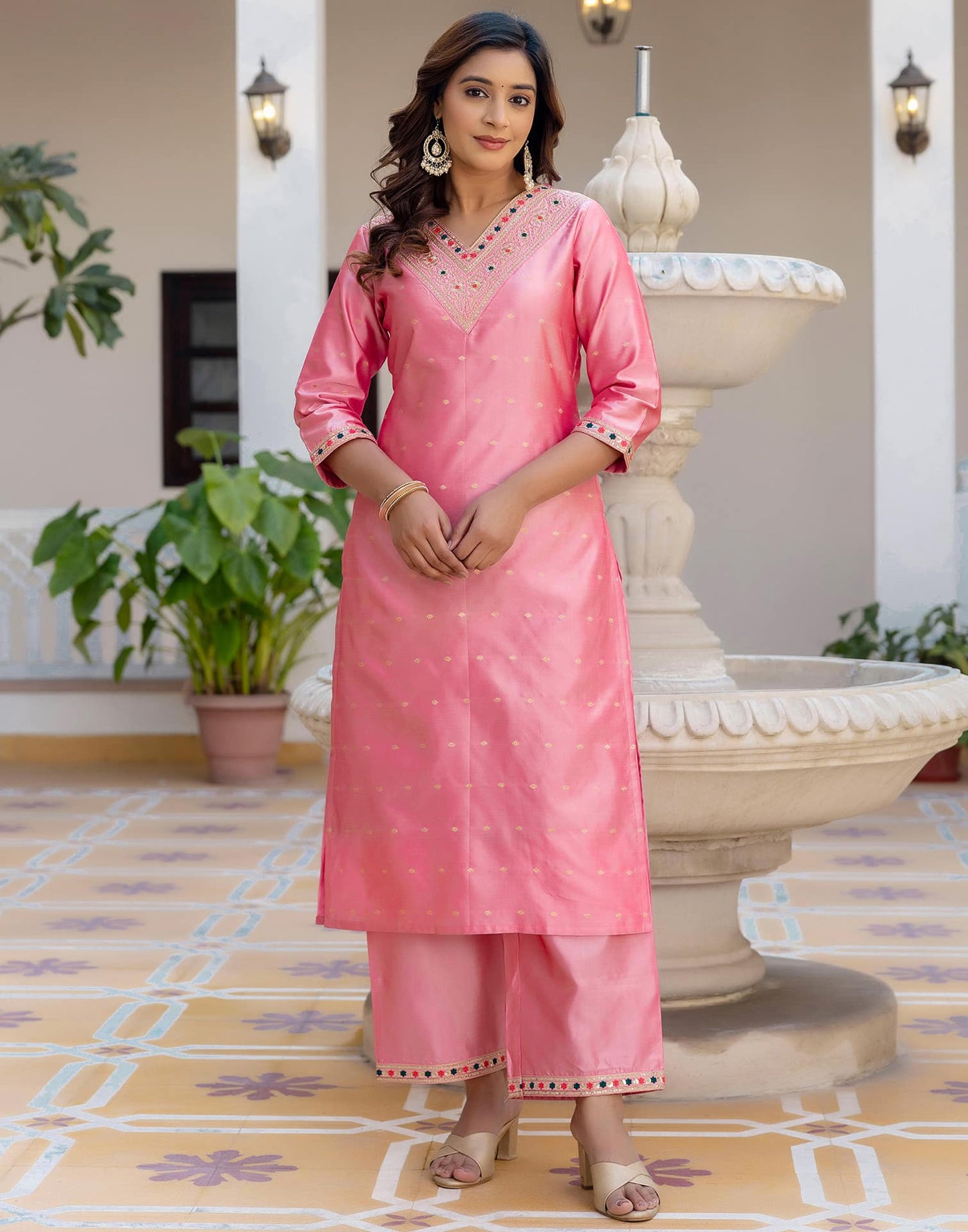 Silk Blend Embroidery and Sequins Work, Weaving, Lace Straight Kurta with Pant & Dupatta