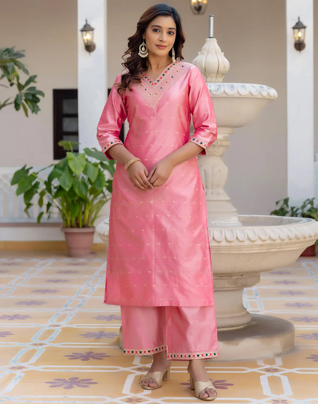 Taffeta Butti Embroidered Straight 3 Piece Kurta Set