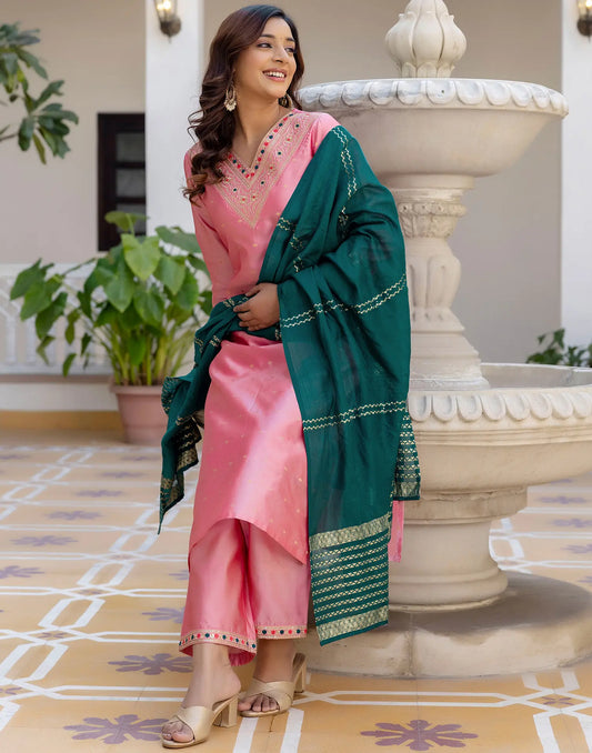 Taffeta Butti Embroidered Straight 3 Piece Kurta Set