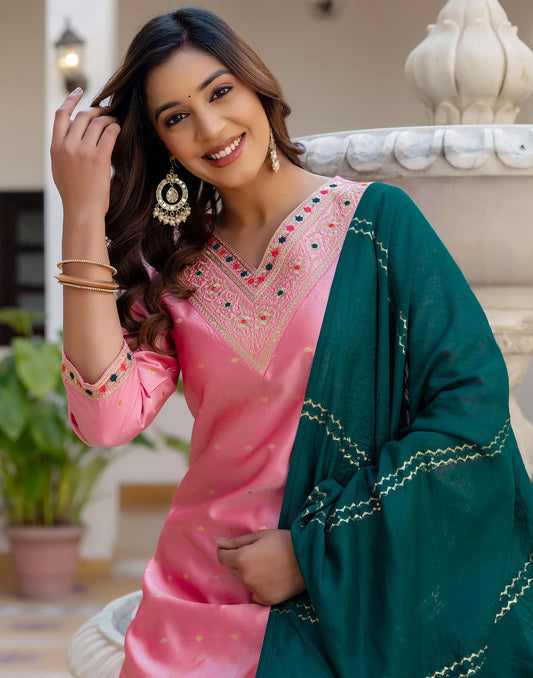 Silk Blend Embroidery and Sequins Work, Weaving, Lace Straight Kurta with Pant & Dupatta