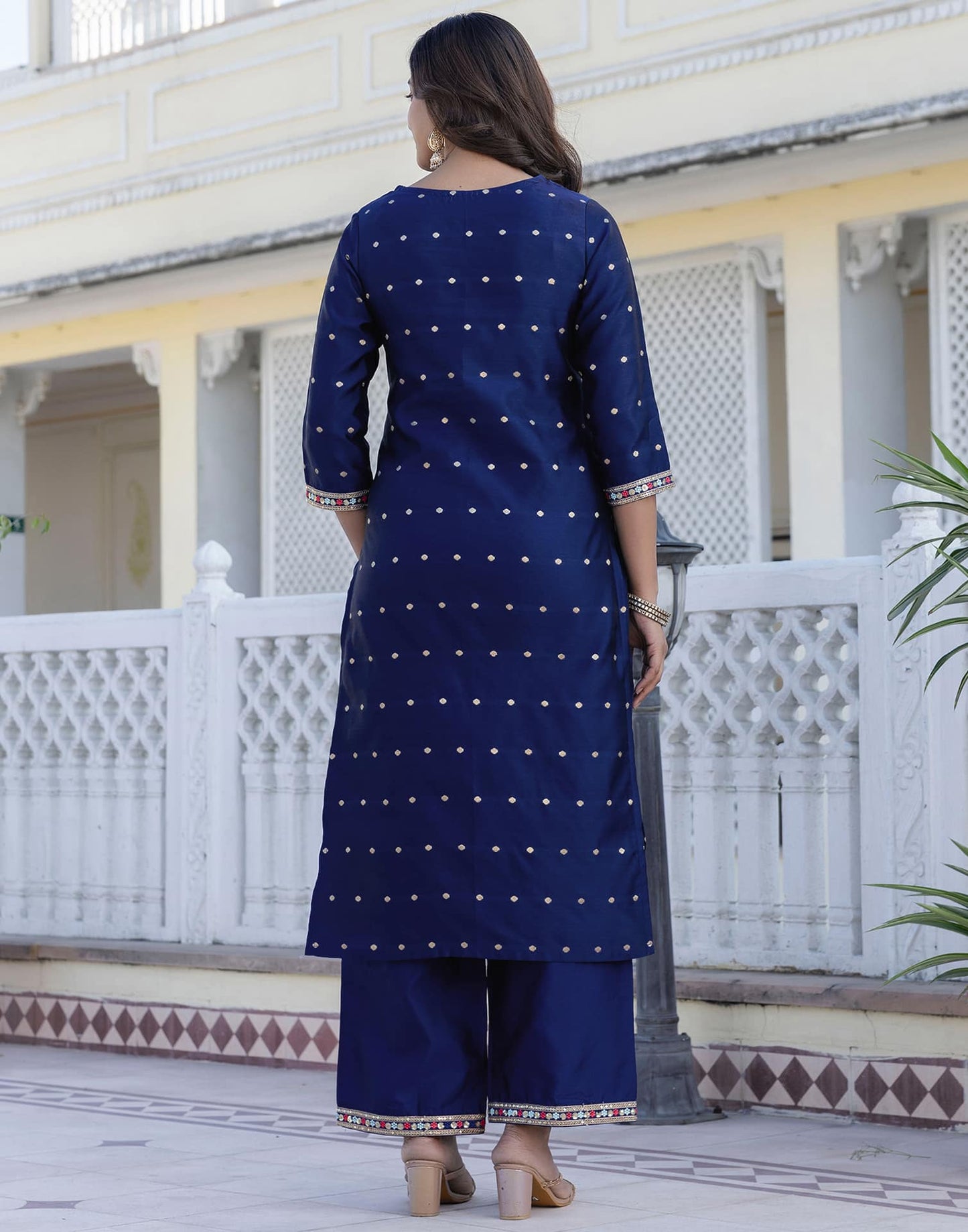 Silk Blend Embroidery and Sequins Work, Weaving, Lace Straight Kurta with Pant & Dupatta