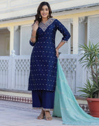 Taffeta Butti Embroidered Straight 3 Piece Kurta Set