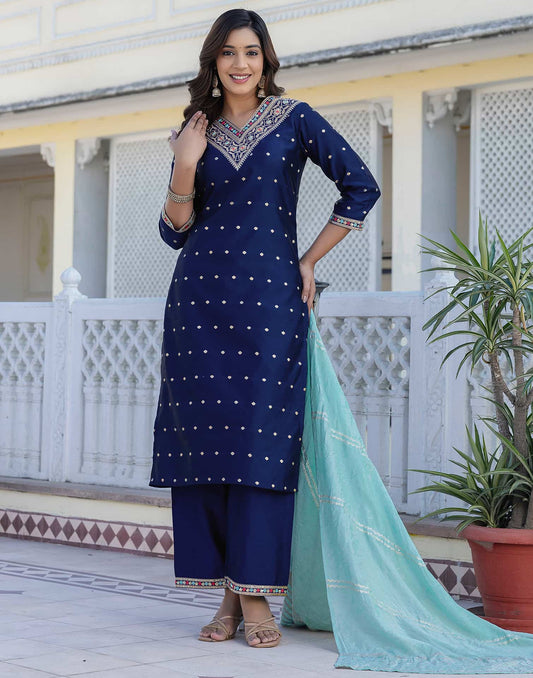 Silk Blend Embroidery and Sequins Work, Weaving, Lace Straight Kurta with Pant & Dupatta