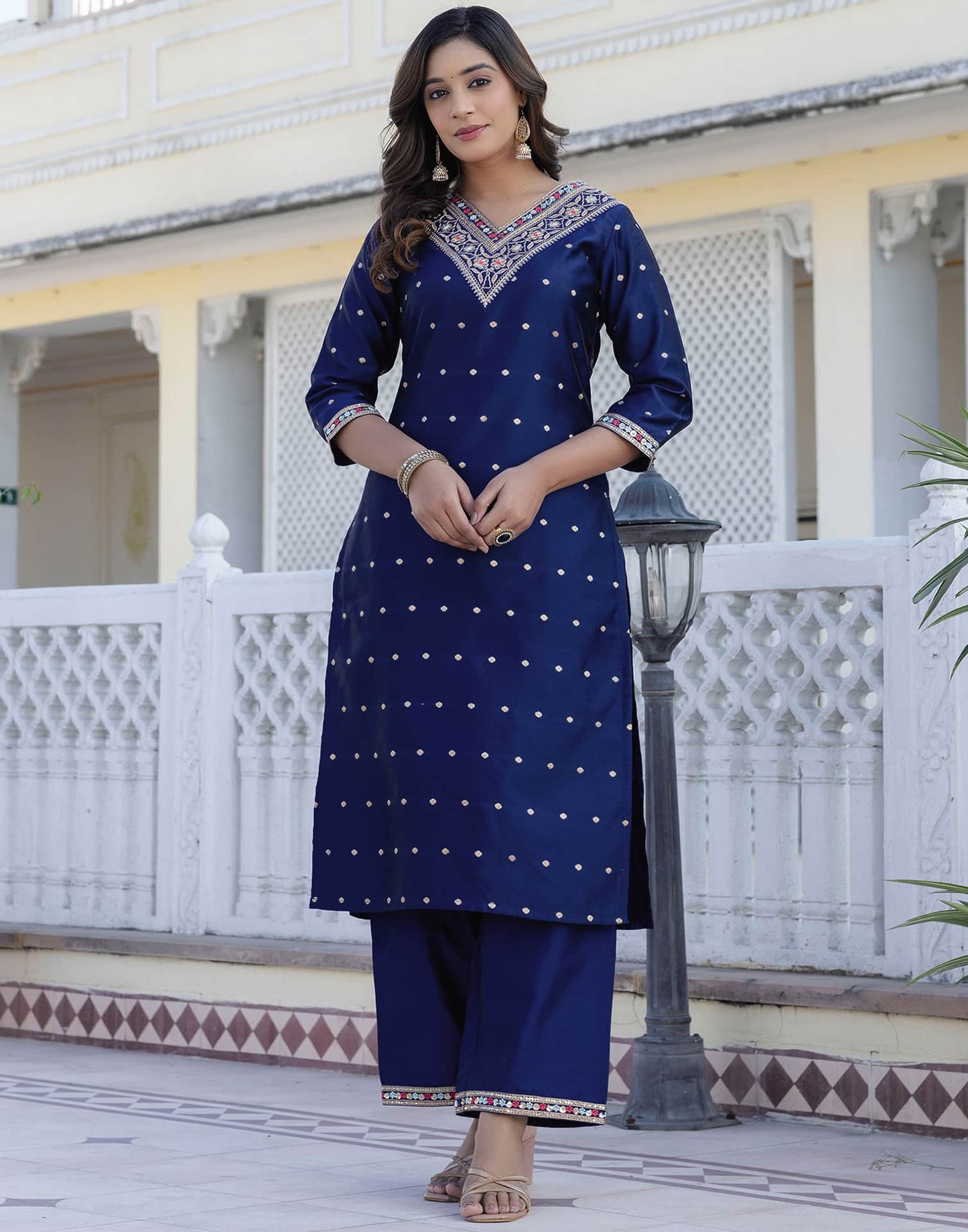 Silk Blend Embroidery and Sequins Work, Weaving, Lace Straight Kurta with Pant & Dupatta