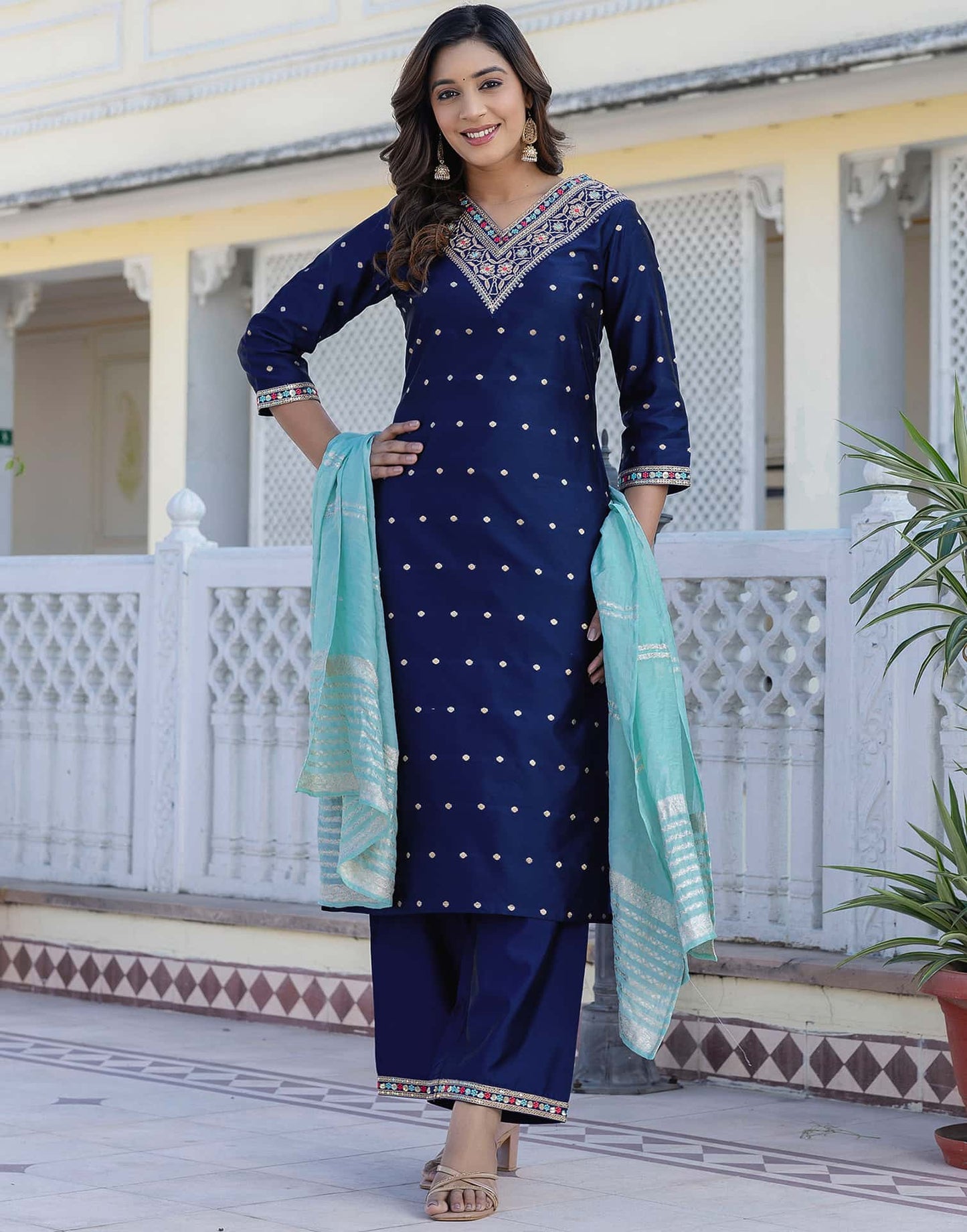 Silk Blend Embroidery and Sequins Work, Weaving, Lace Straight Kurta with Pant & Dupatta