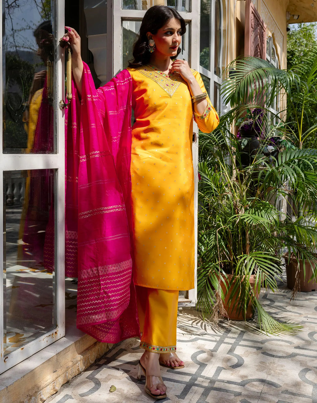 Taffeta Butti Embroidered Straight 3 Piece Kurta Set