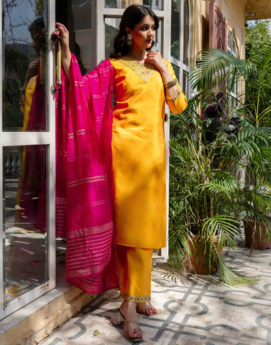 Silk Blend Embroidery and Sequins Work, Weaving, Lace Straight Kurta with Pant & Dupatta
